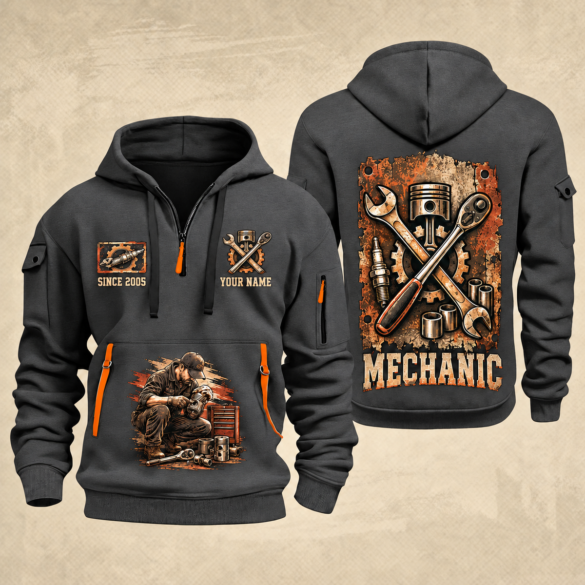 Mechanic Built To Repair quarter-zip hoodie in Gray, front and back, YOUR NAME and SINCE 2005 artwork