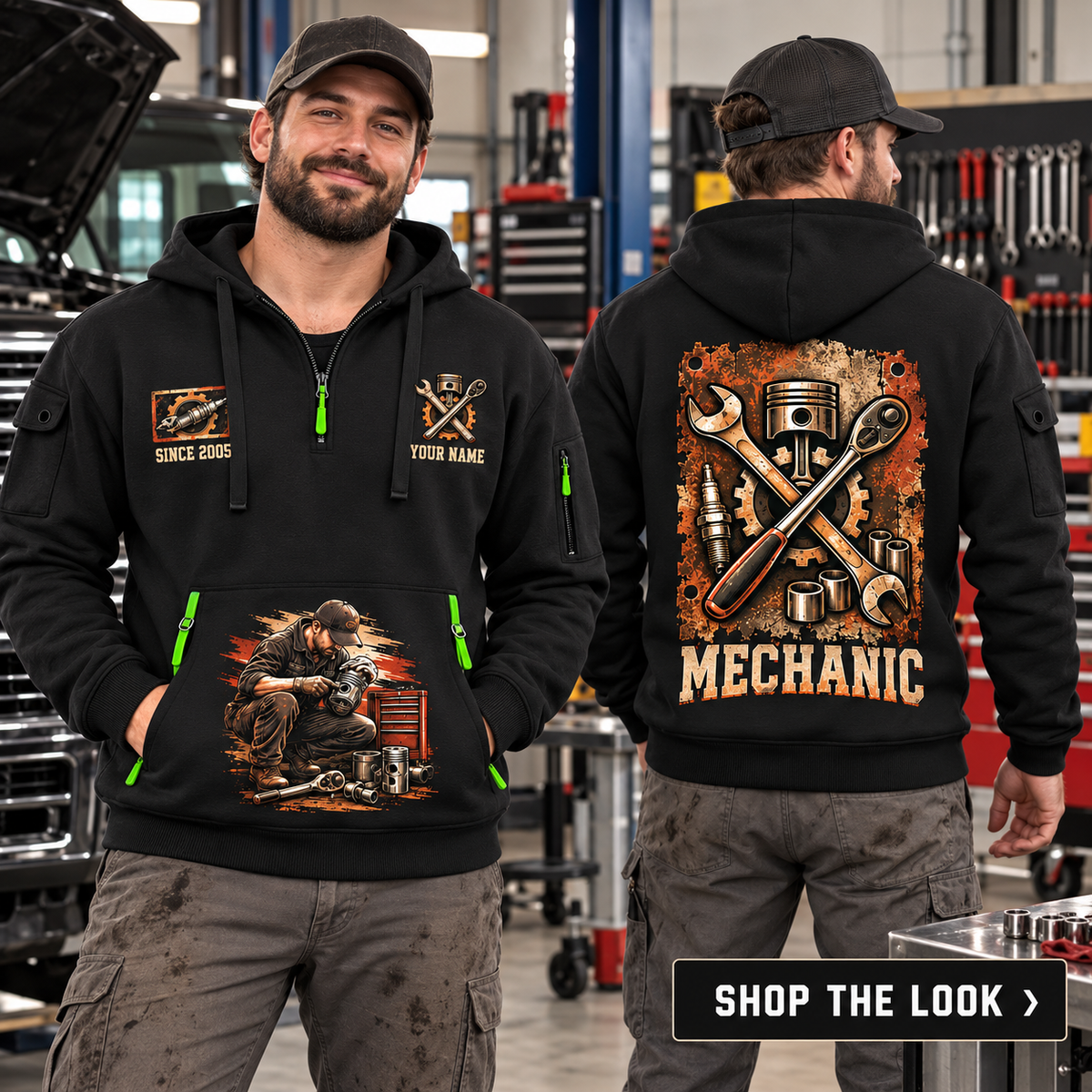 Mechanic wearing Built To Repair quarter-zip hoodie in their workplace; product introduction and shopping call to action