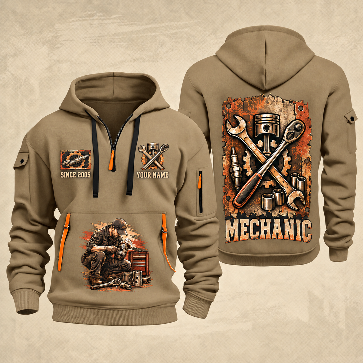 Mechanic Built To Repair quarter-zip hoodie in Khaki, front and back, YOUR NAME and SINCE 2005 artwork