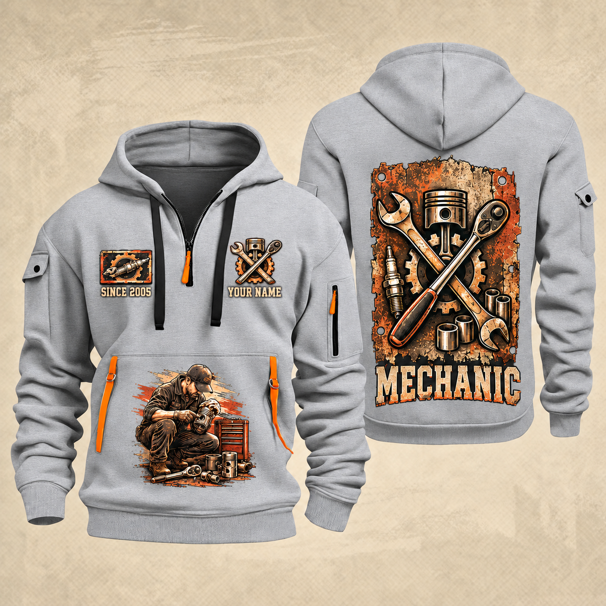 Mechanic Built To Repair quarter-zip hoodie in Light Grey, front and back, YOUR NAME and SINCE 2005 artwork
