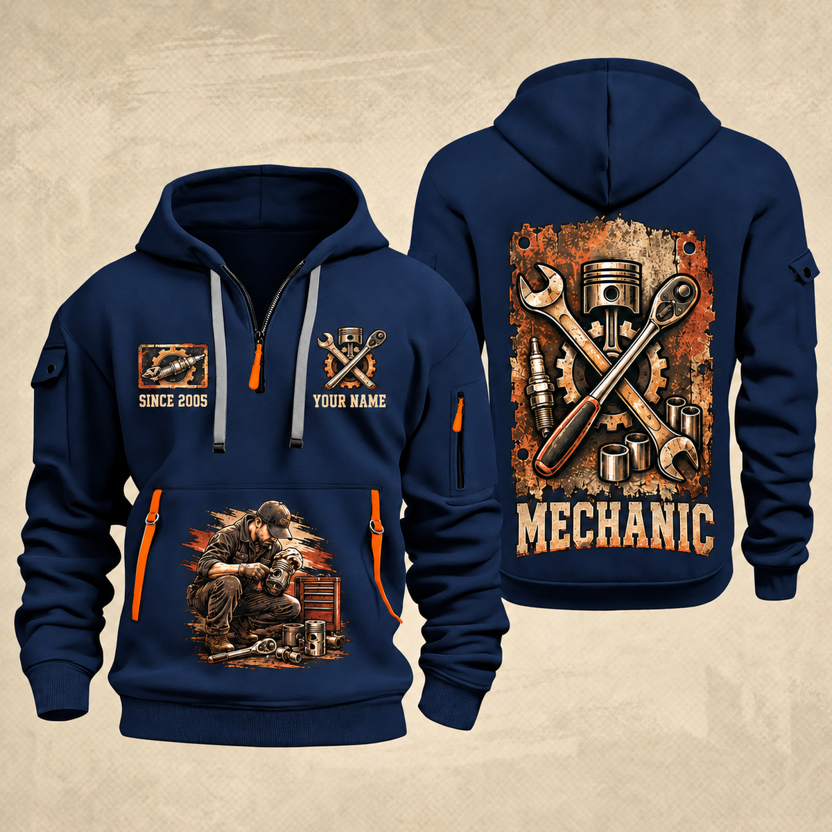 Mechanic Built To Repair quarter-zip hoodie in Navy, front and back, YOUR NAME and SINCE 2005 artwork
