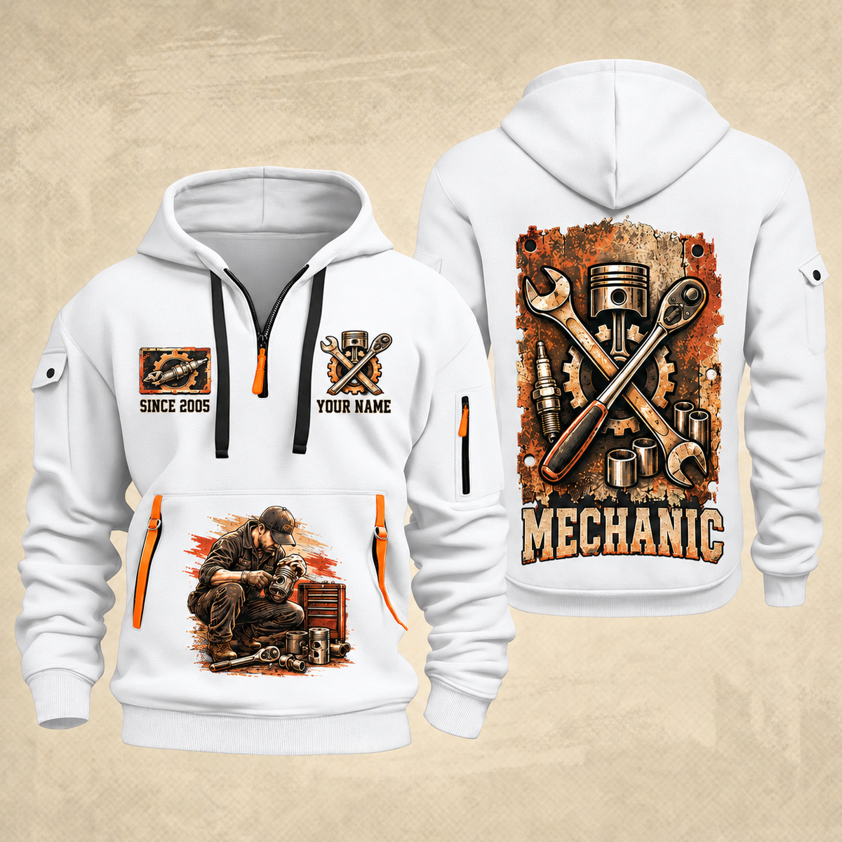 Mechanic Built To Repair quarter-zip hoodie in White, front and back, YOUR NAME and SINCE 2005 artwork