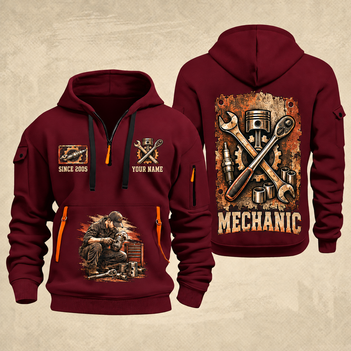 Mechanic Built To Repair quarter-zip hoodie in Wine Red, front and back, YOUR NAME and SINCE 2005 artwork