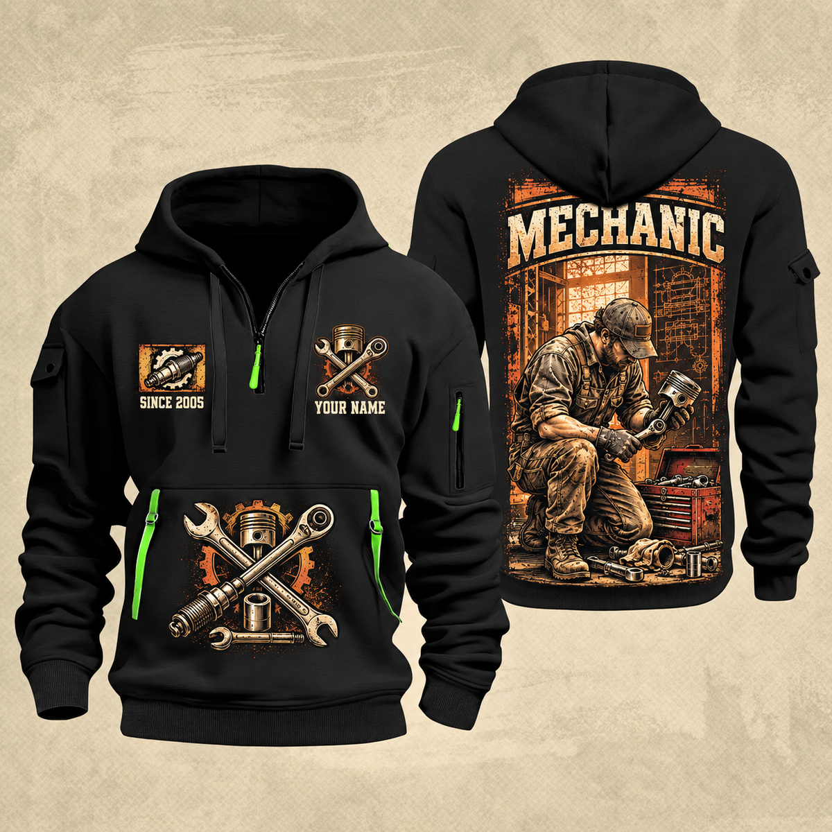Mechanic Under The Hood quarter-zip hoodie in Black, front and back, YOUR NAME and SINCE 2005 artwork