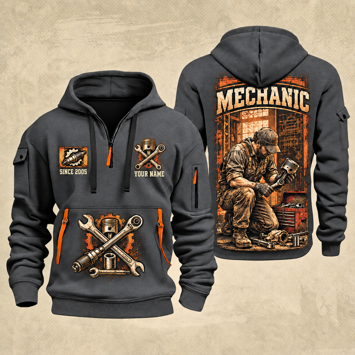 Mechanic Under The Hood quarter-zip hoodie in Gray, front and back, YOUR NAME and SINCE 2005 artwork