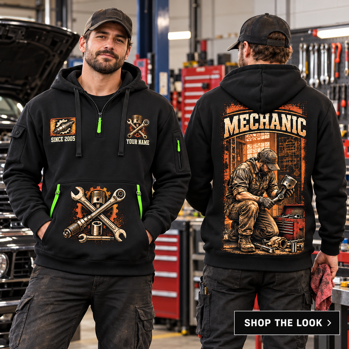 Mechanic wearing Under The Hood quarter-zip hoodie in their workplace; product introduction and shopping call to action