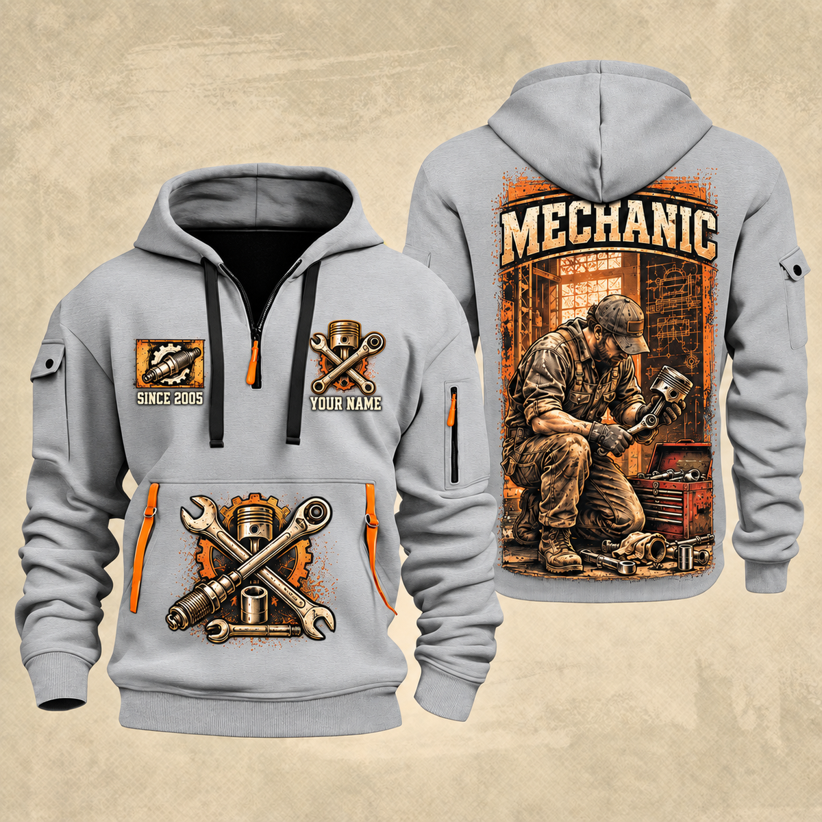 Mechanic Under The Hood quarter-zip hoodie in Light Grey, front and back, YOUR NAME and SINCE 2005 artwork