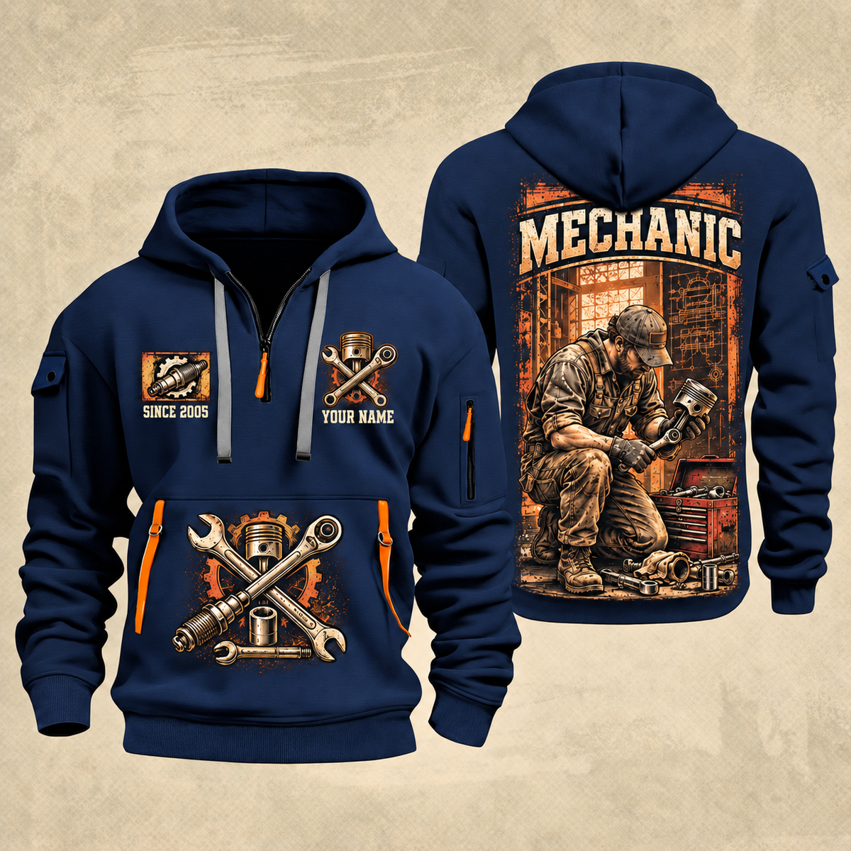 Mechanic Under The Hood quarter-zip hoodie in Navy, front and back, YOUR NAME and SINCE 2005 artwork