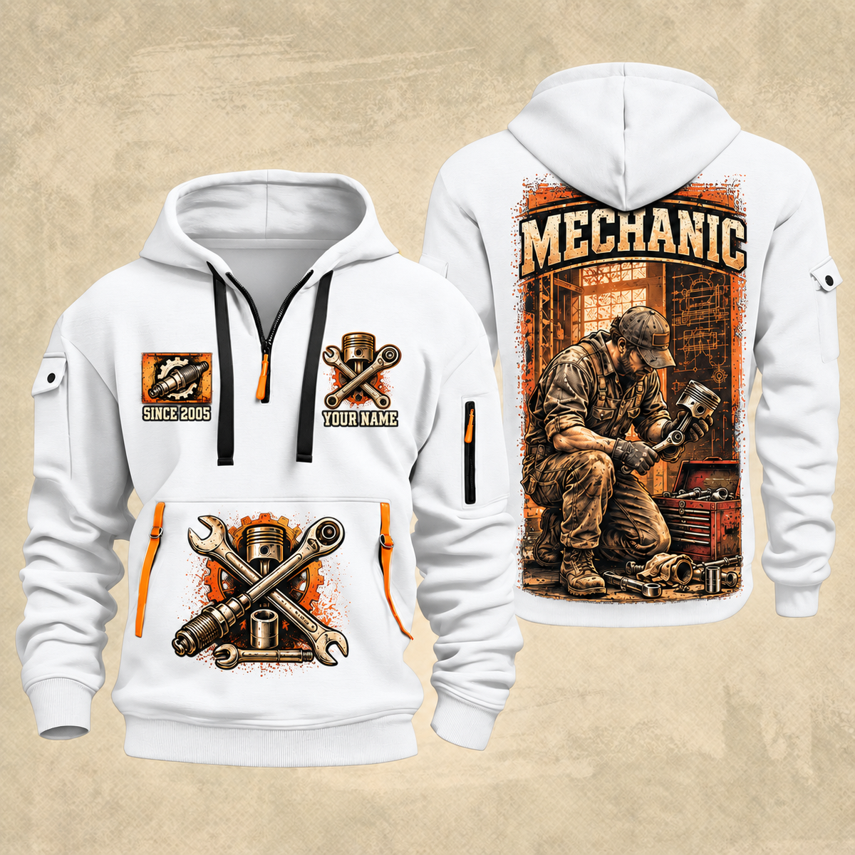 Mechanic Under The Hood quarter-zip hoodie in White, front and back, YOUR NAME and SINCE 2005 artwork