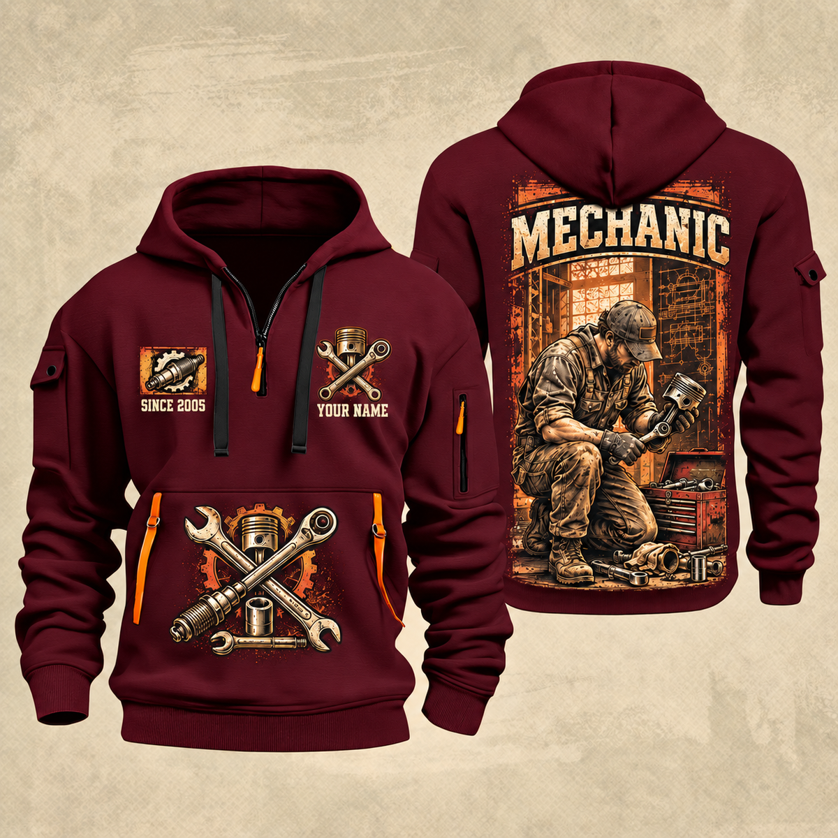 Mechanic Under The Hood quarter-zip hoodie in Wine Red, front and back, YOUR NAME and SINCE 2005 artwork