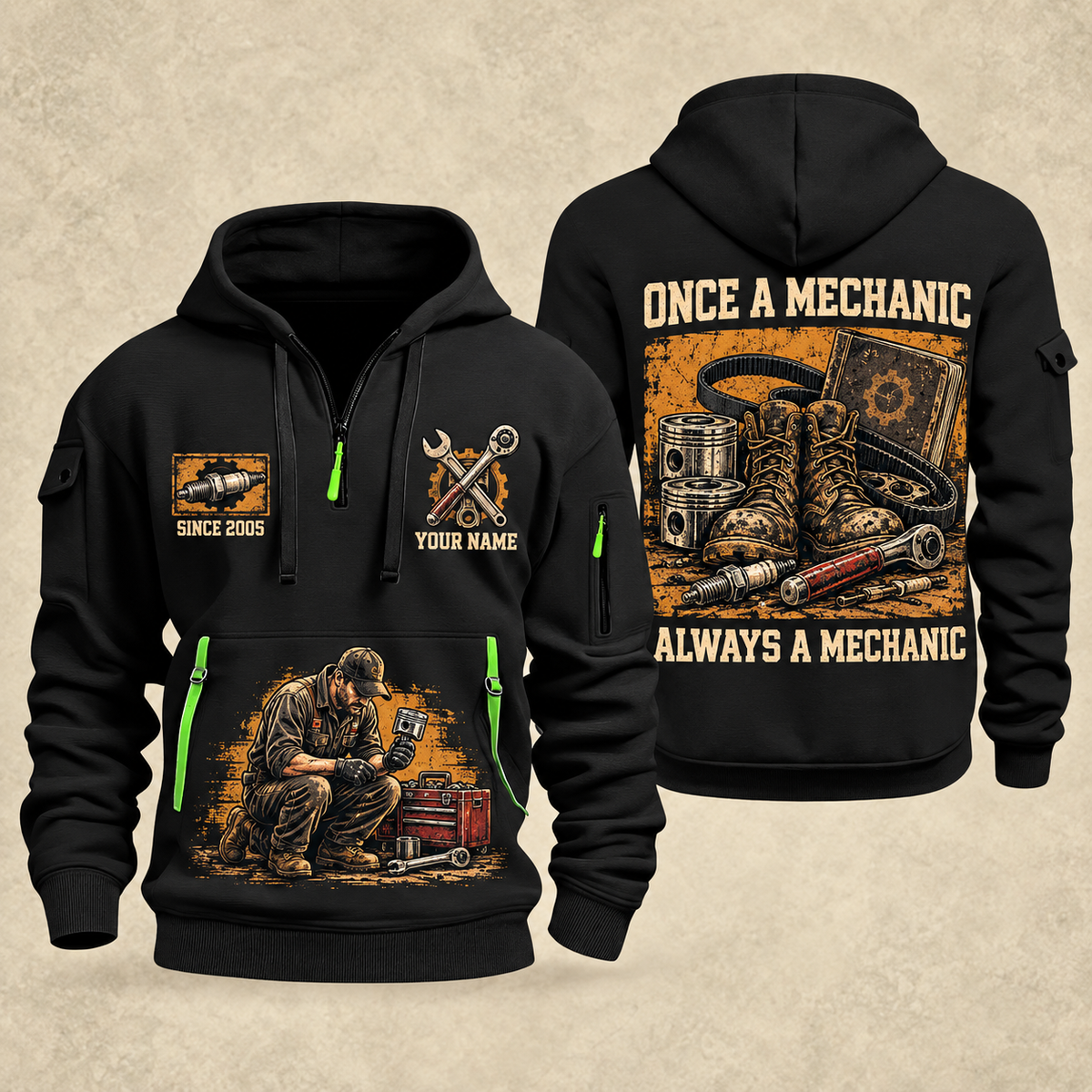 Mechanic Once A Mechanic quarter-zip hoodie in Black, front and back, YOUR NAME and SINCE 2005 artwork