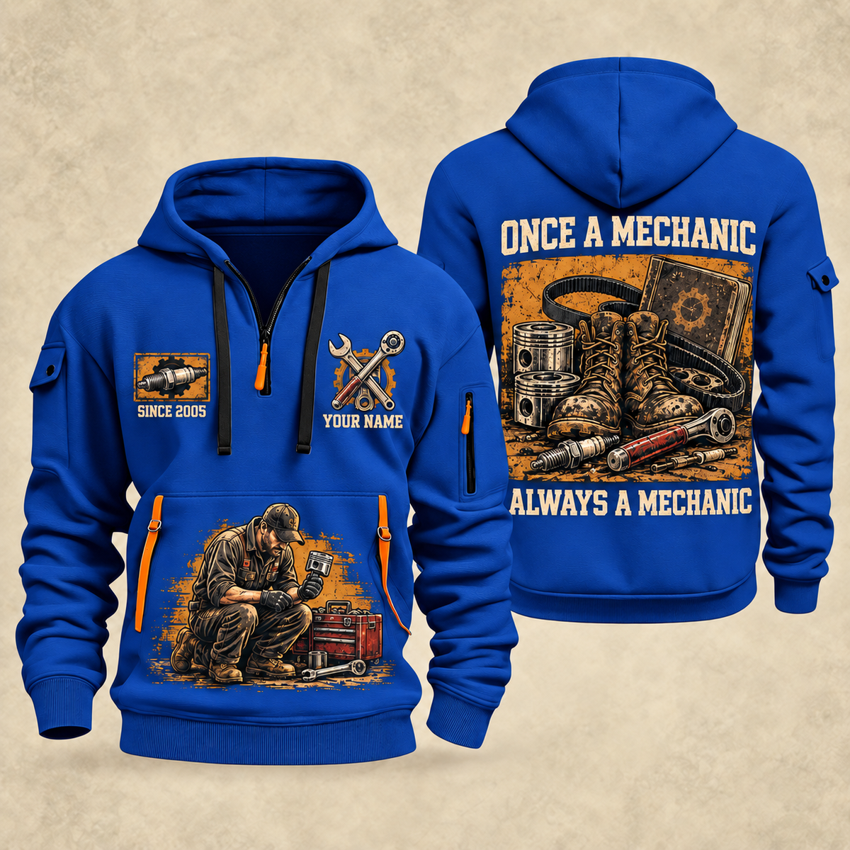 Mechanic Once A Mechanic quarter-zip hoodie in Blue, front and back, YOUR NAME and SINCE 2005 artwork