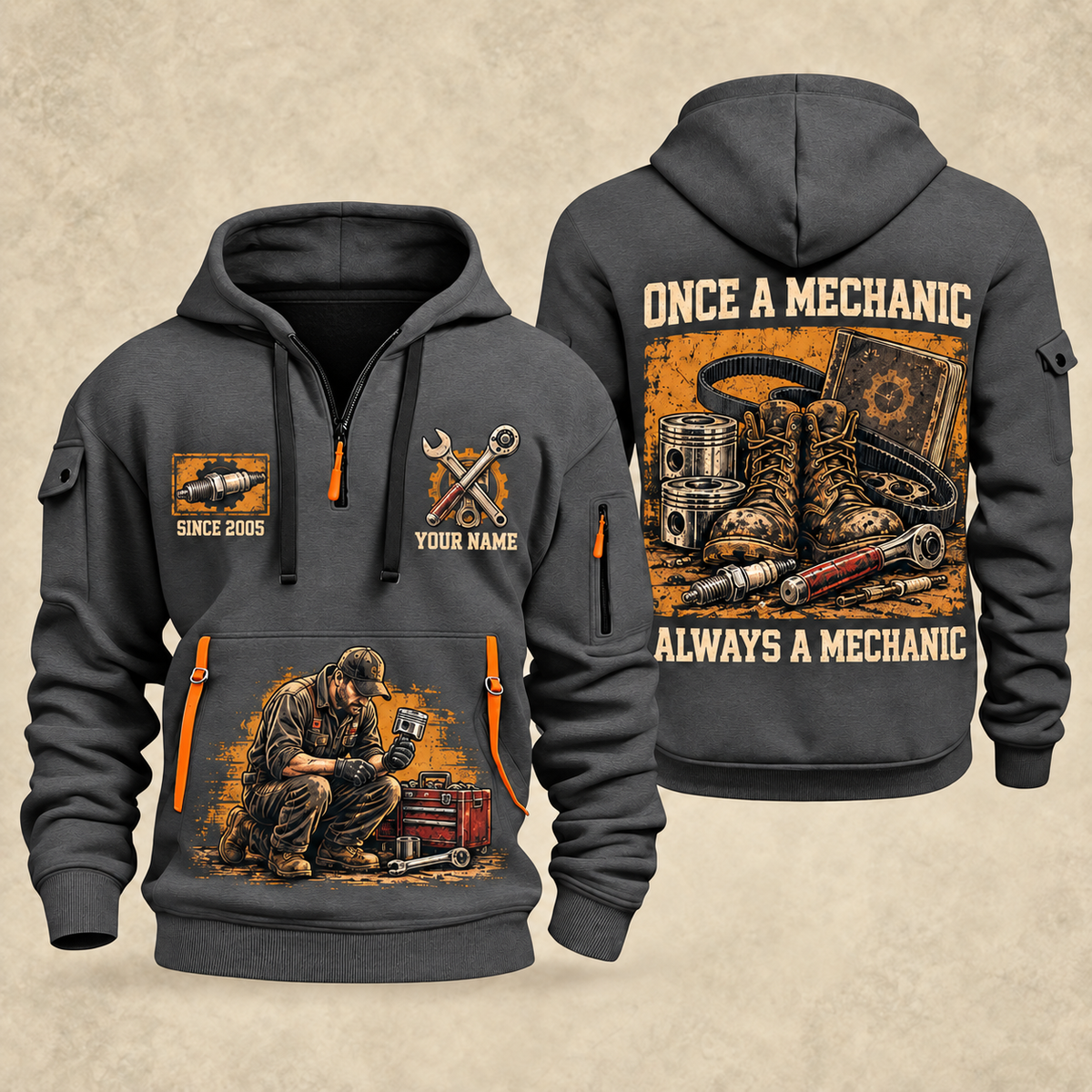 Mechanic Once A Mechanic quarter-zip hoodie in Gray, front and back, YOUR NAME and SINCE 2005 artwork