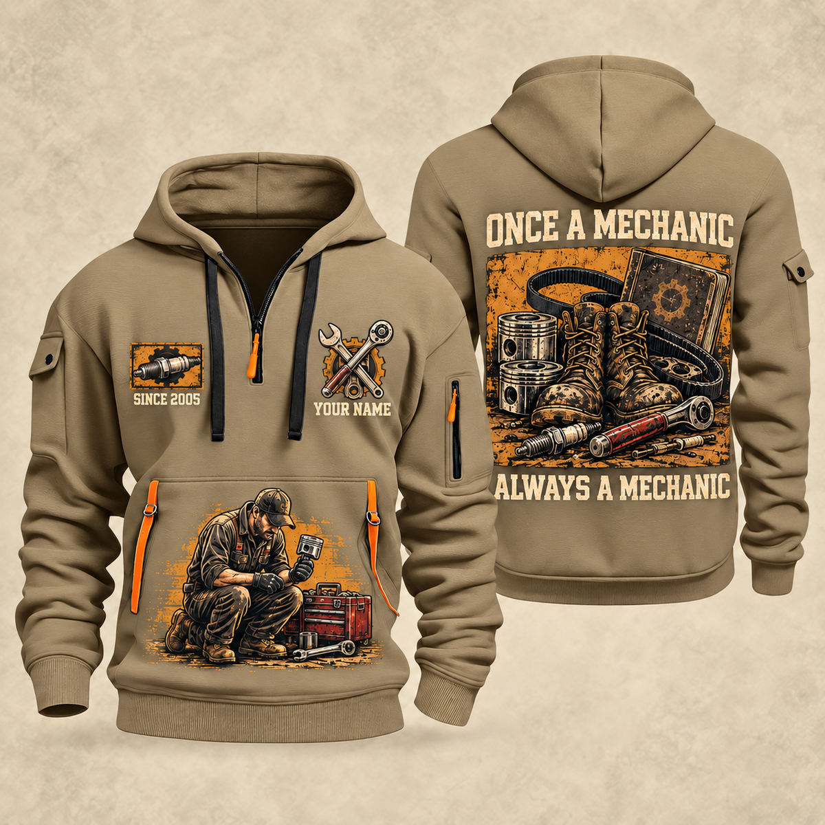 Mechanic Once A Mechanic quarter-zip hoodie in Khaki, front and back, YOUR NAME and SINCE 2005 artwork