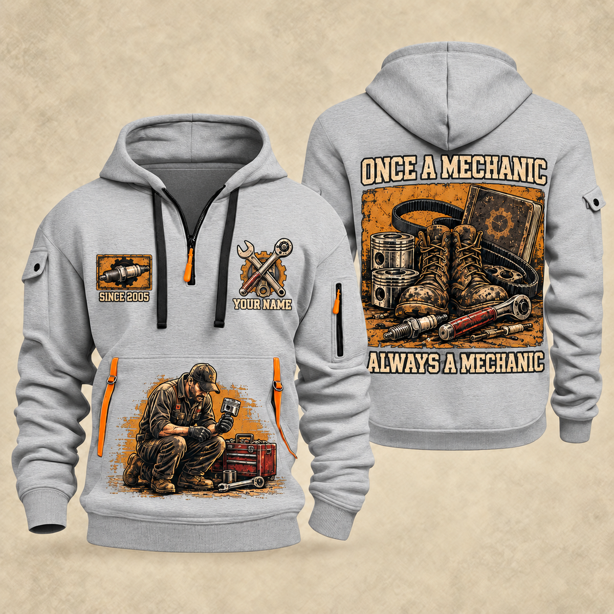 Mechanic Once A Mechanic quarter-zip hoodie in Light Grey, front and back, YOUR NAME and SINCE 2005 artwork