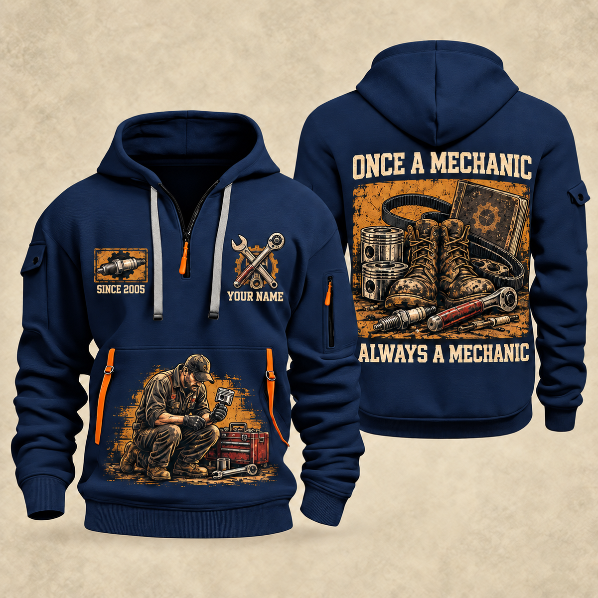Mechanic Once A Mechanic quarter-zip hoodie in Navy, front and back, YOUR NAME and SINCE 2005 artwork