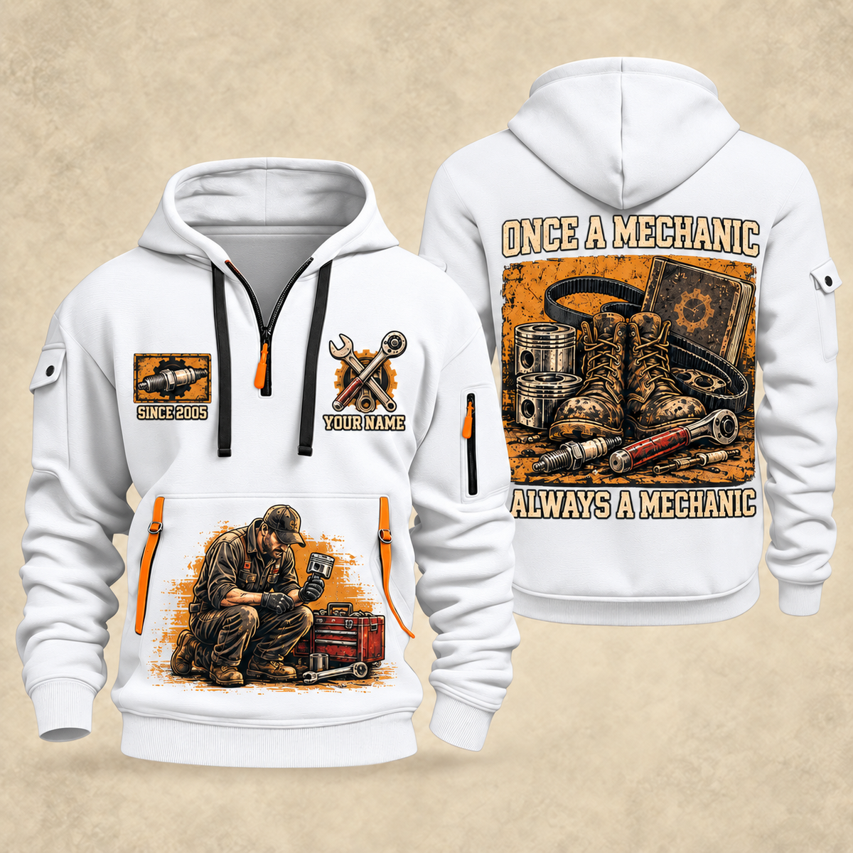 Mechanic Once A Mechanic quarter-zip hoodie in White, front and back, YOUR NAME and SINCE 2005 artwork