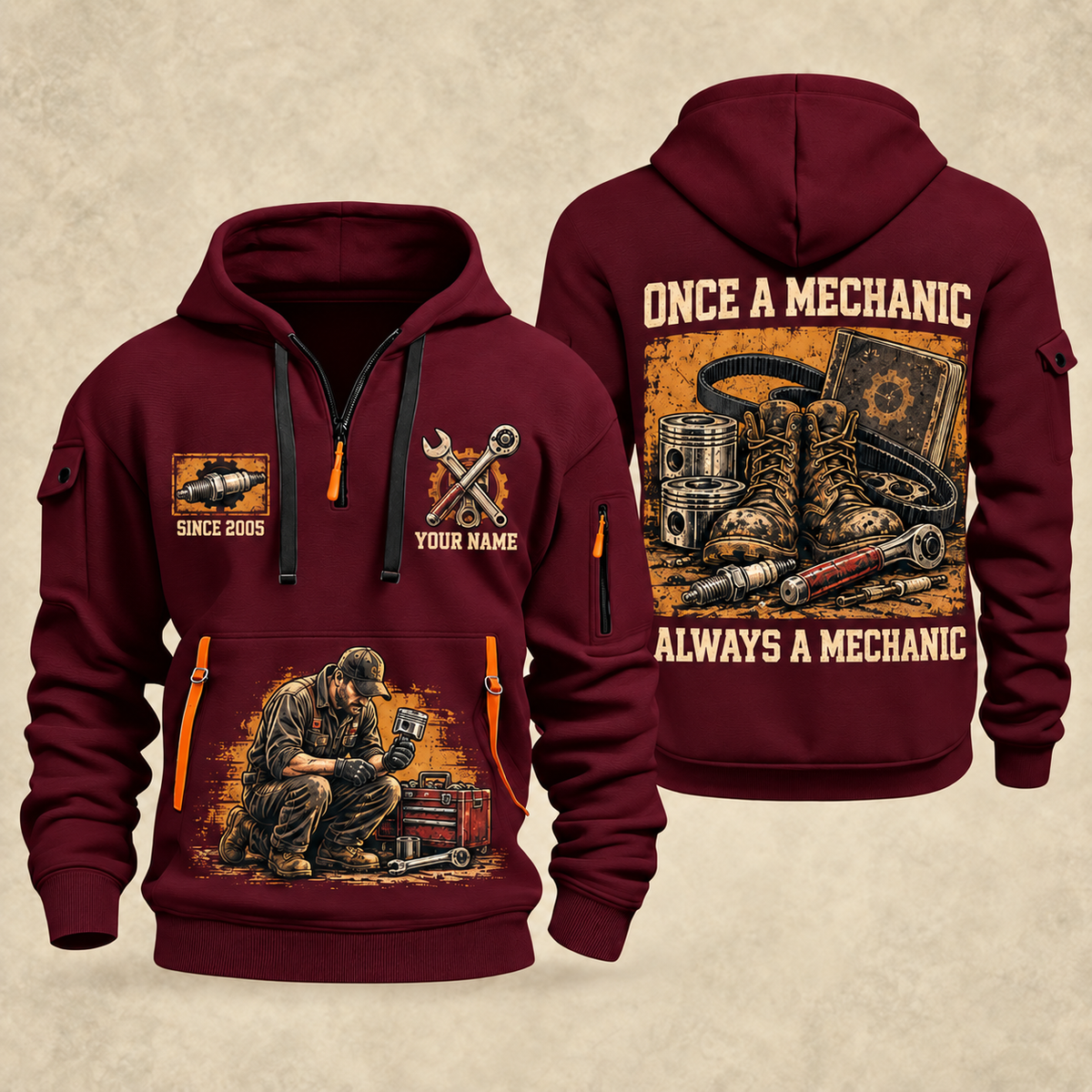 Mechanic Once A Mechanic quarter-zip hoodie in Wine Red, front and back, YOUR NAME and SINCE 2005 artwork