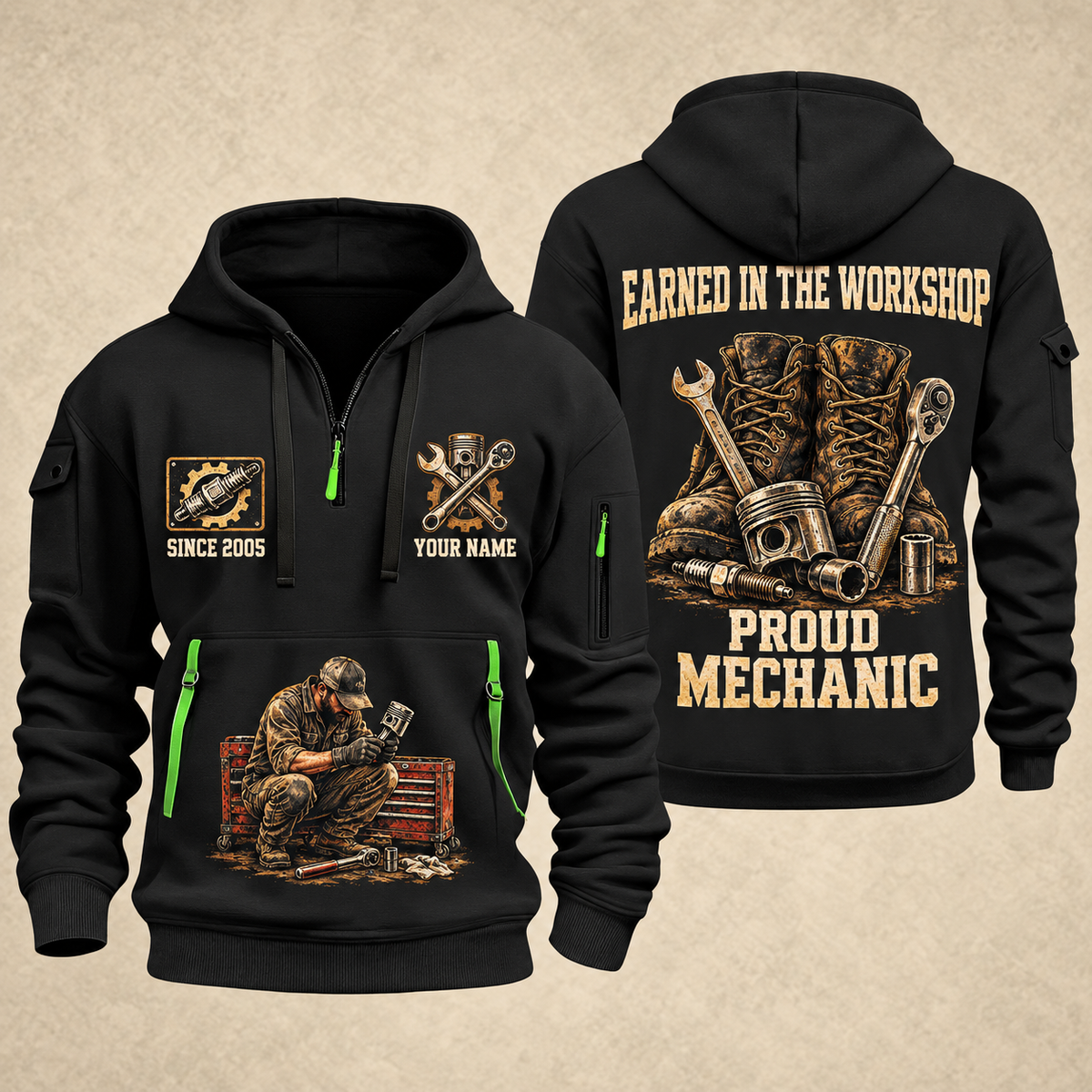 Mechanic Earned In The Garage quarter-zip hoodie in Black, front and back, YOUR NAME and SINCE 2005 artwork