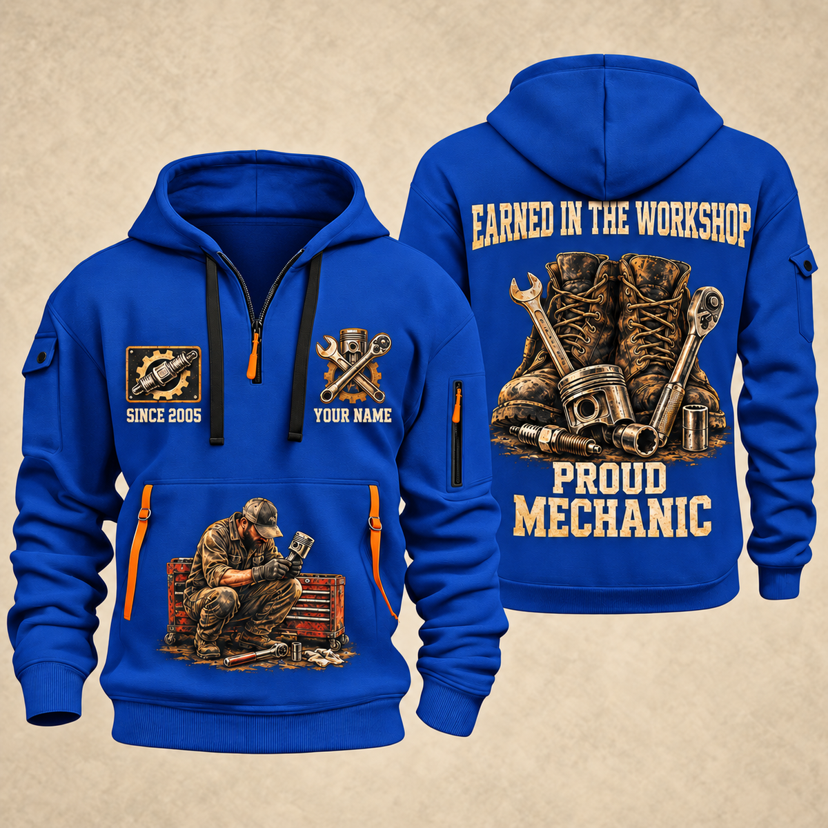 Mechanic Earned In The Garage quarter-zip hoodie in Blue, front and back, YOUR NAME and SINCE 2005 artwork