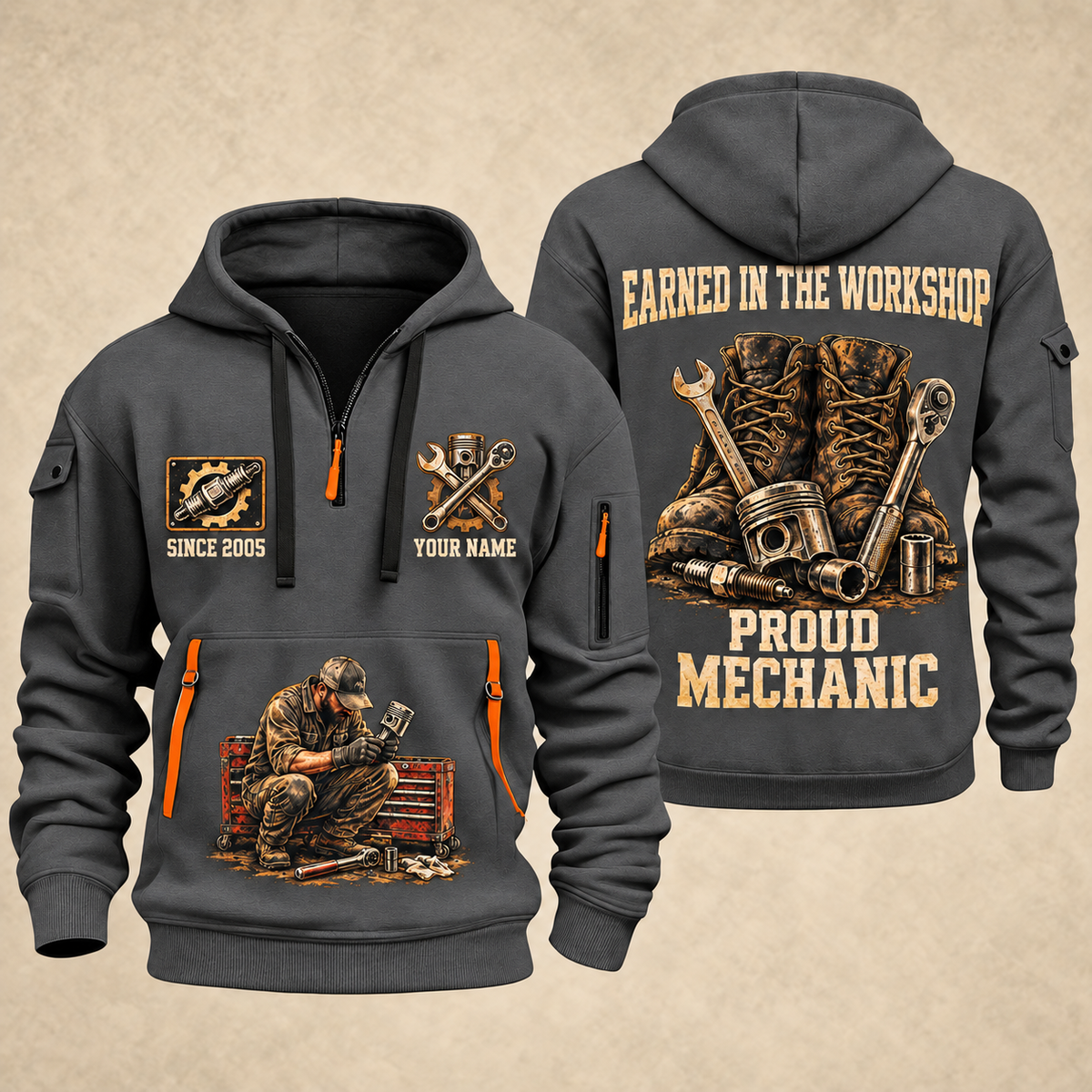 Mechanic Earned In The Garage quarter-zip hoodie in Gray, front and back, YOUR NAME and SINCE 2005 artwork