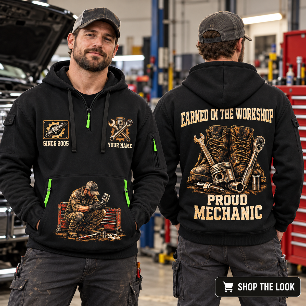 Mechanic wearing Earned In The Garage quarter-zip hoodie in their workplace; product introduction and shopping call to action
