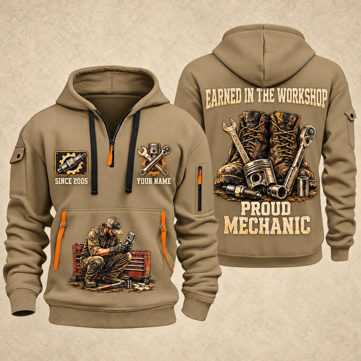 Mechanic Earned In The Garage quarter-zip hoodie in Khaki, front and back, YOUR NAME and SINCE 2005 artwork