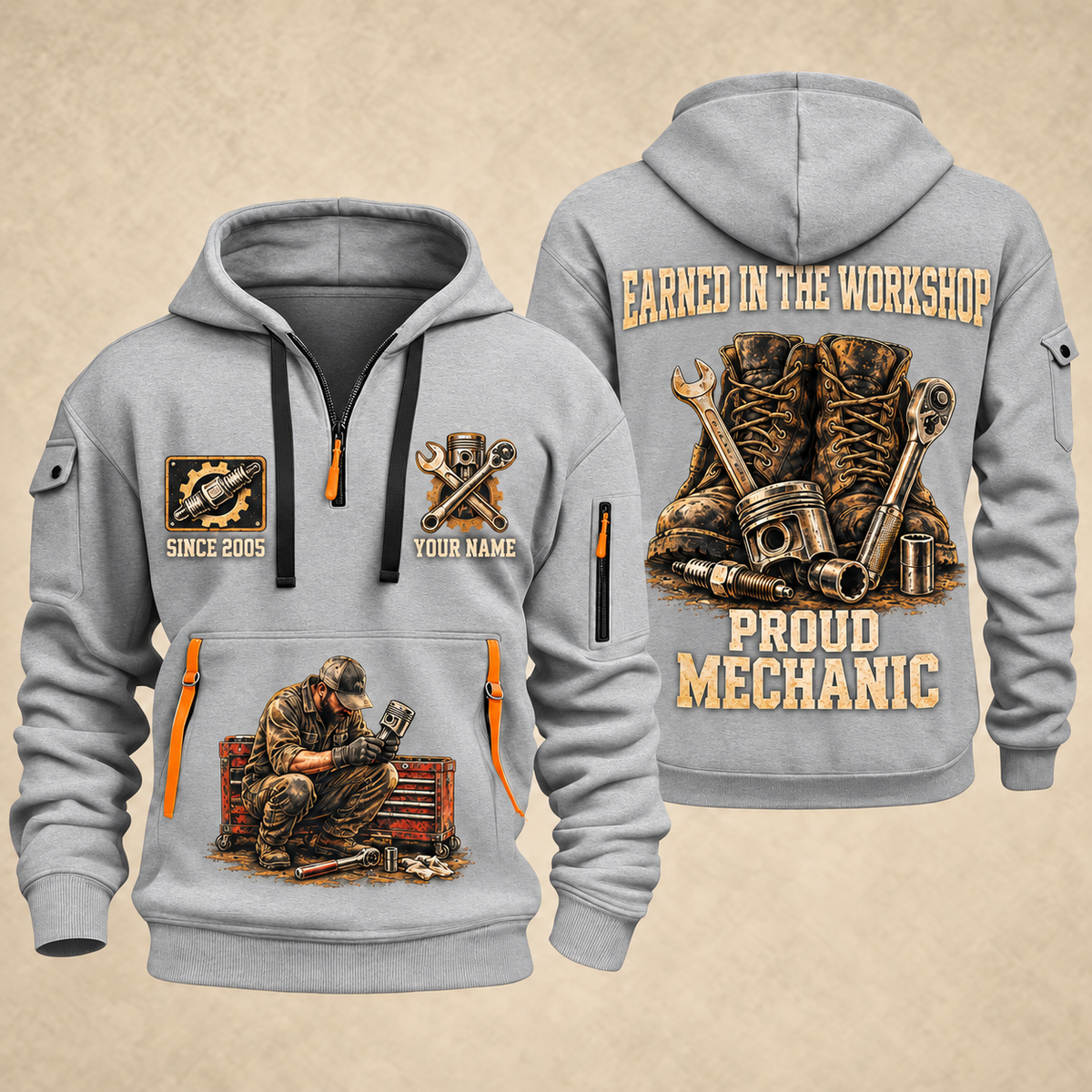 Mechanic Earned In The Garage quarter-zip hoodie in Light Grey, front and back, YOUR NAME and SINCE 2005 artwork