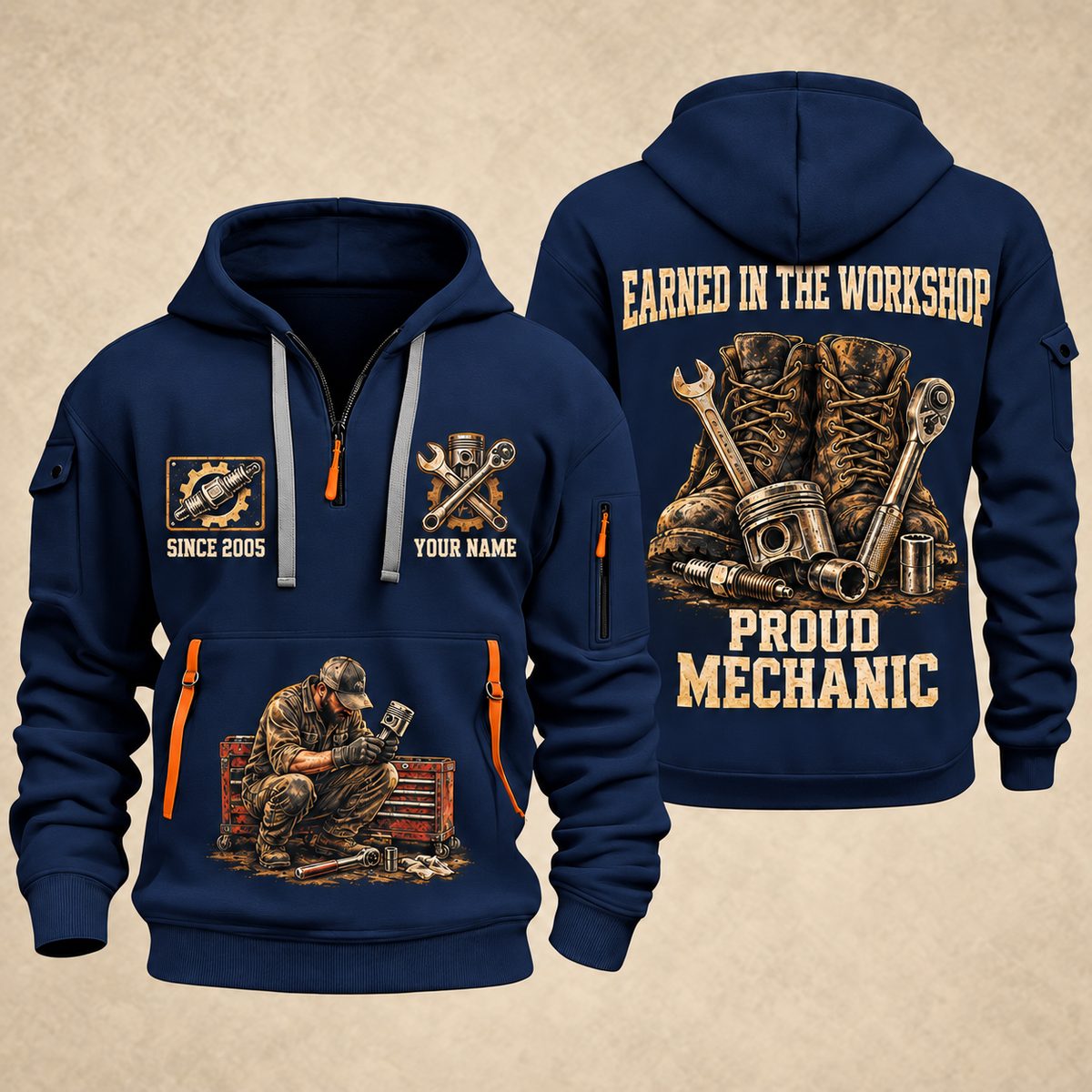 Mechanic Earned In The Garage quarter-zip hoodie in Navy, front and back, YOUR NAME and SINCE 2005 artwork