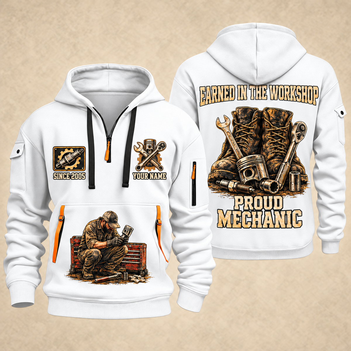 Mechanic Earned In The Garage quarter-zip hoodie in White, front and back, YOUR NAME and SINCE 2005 artwork