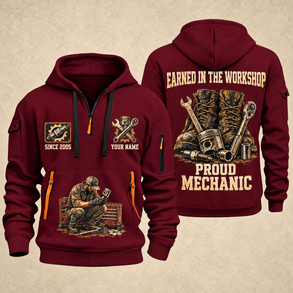 Mechanic Earned In The Garage quarter-zip hoodie in Wine Red, front and back, YOUR NAME and SINCE 2005 artwork