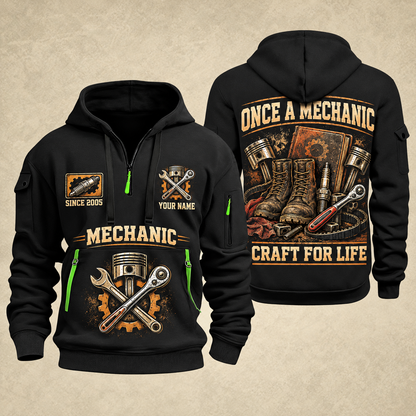 Mechanic Craft For Life quarter-zip hoodie in Black, front and back, YOUR NAME and SINCE 2005 artwork