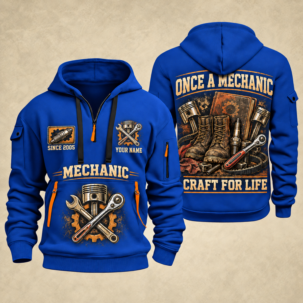 Mechanic Craft For Life quarter-zip hoodie in Blue, front and back, YOUR NAME and SINCE 2005 artwork