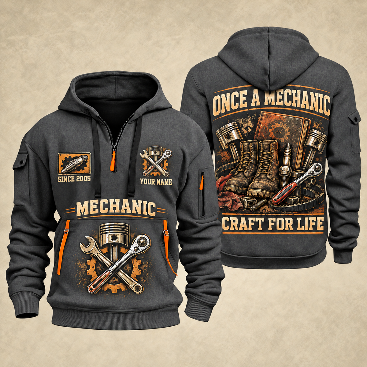 Mechanic Craft For Life quarter-zip hoodie in Gray, front and back, YOUR NAME and SINCE 2005 artwork