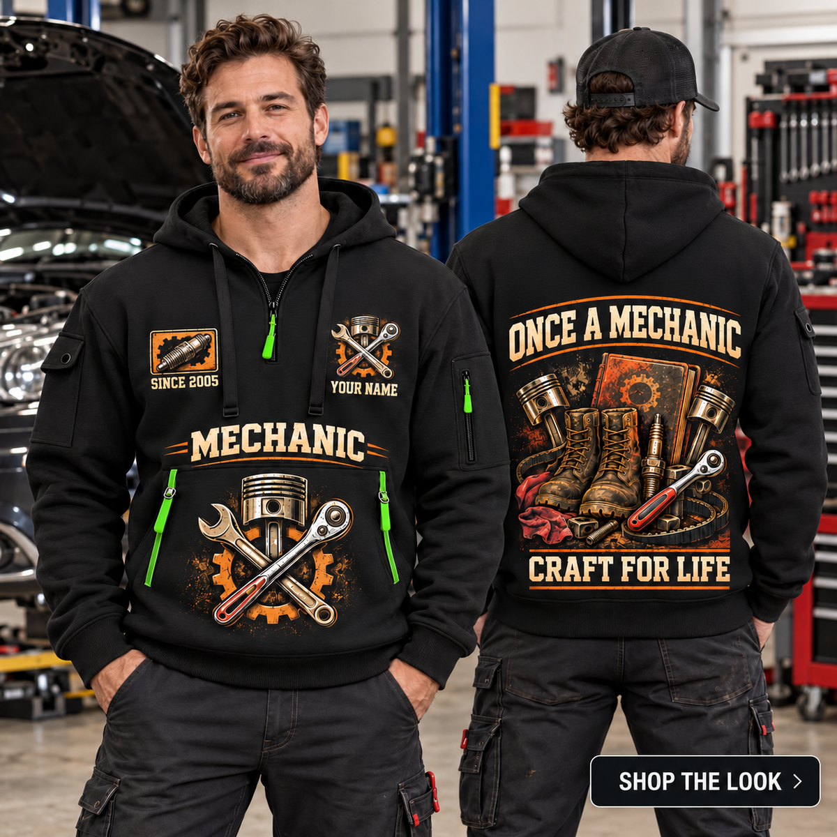 Mechanic wearing Craft For Life quarter-zip hoodie in their workplace; product introduction and shopping call to action