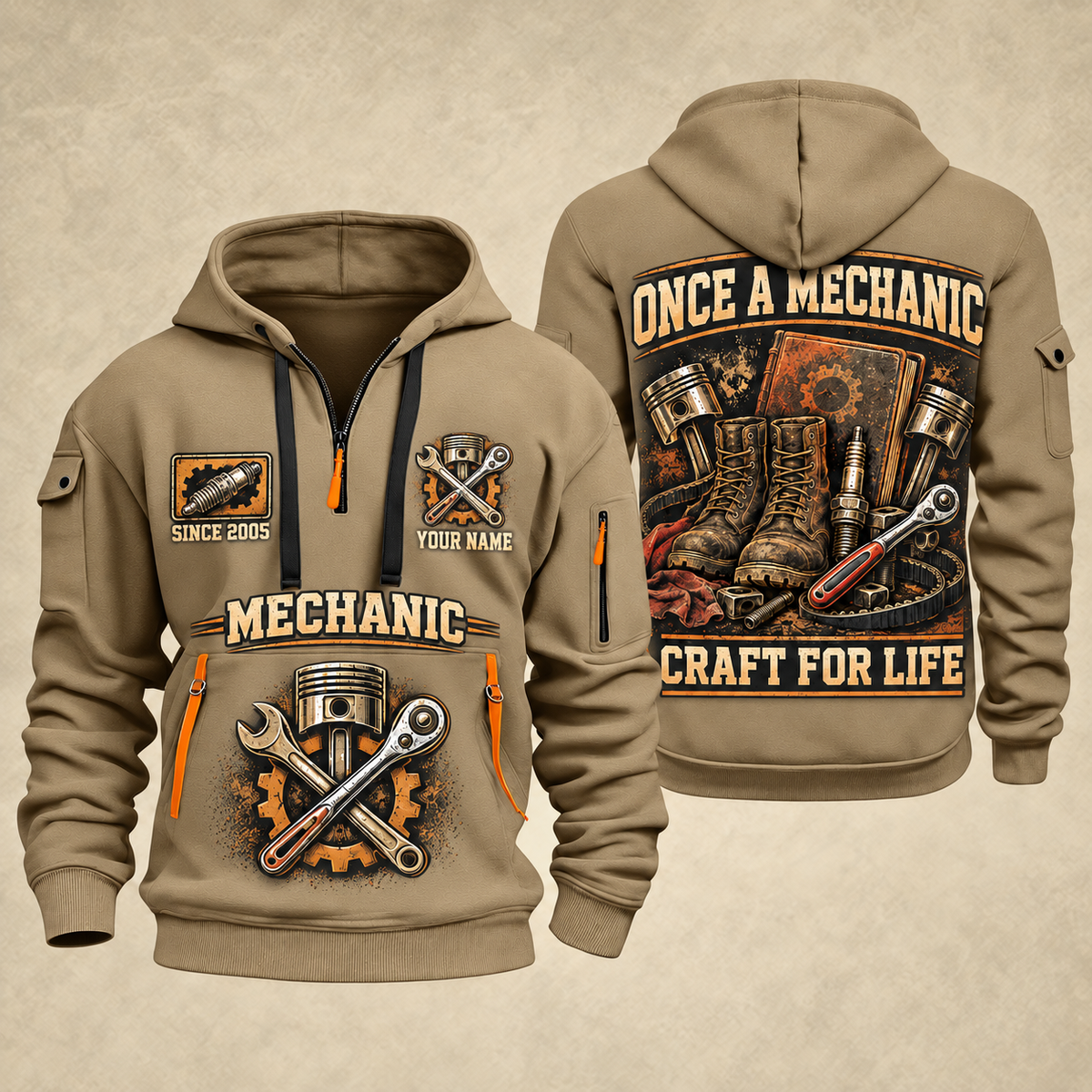 Mechanic Craft For Life quarter-zip hoodie in Khaki, front and back, YOUR NAME and SINCE 2005 artwork
