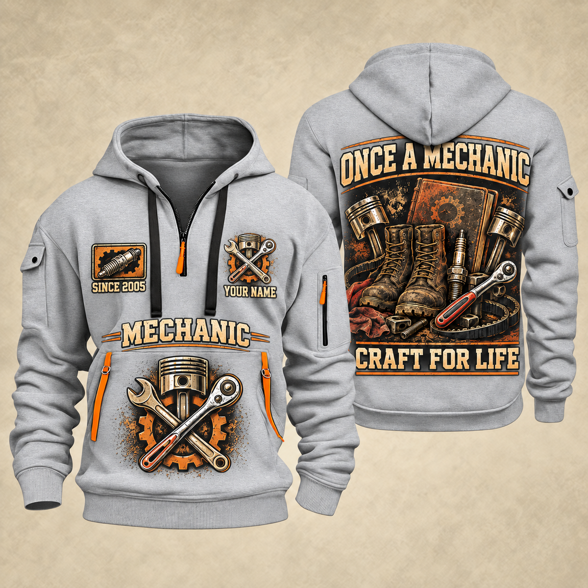 Mechanic Craft For Life quarter-zip hoodie in Light Grey, front and back, YOUR NAME and SINCE 2005 artwork