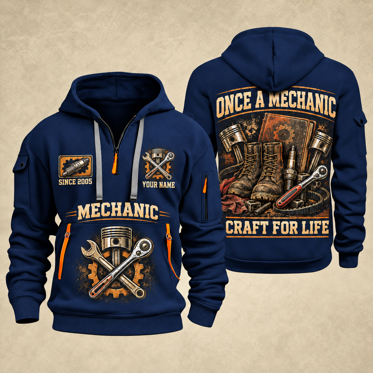 Mechanic Craft For Life quarter-zip hoodie in Navy, front and back, YOUR NAME and SINCE 2005 artwork