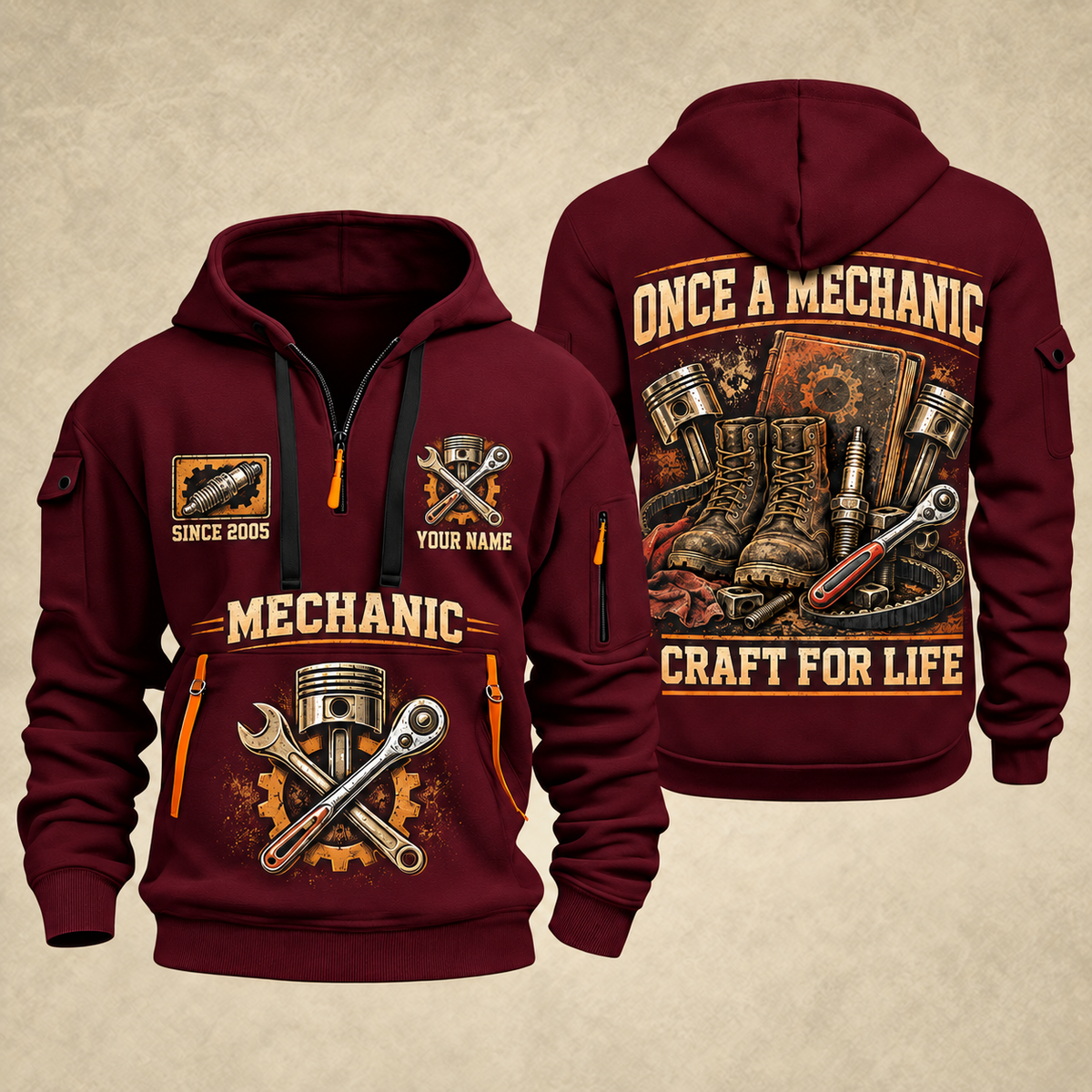 Mechanic Craft For Life quarter-zip hoodie in Wine Red, front and back, YOUR NAME and SINCE 2005 artwork