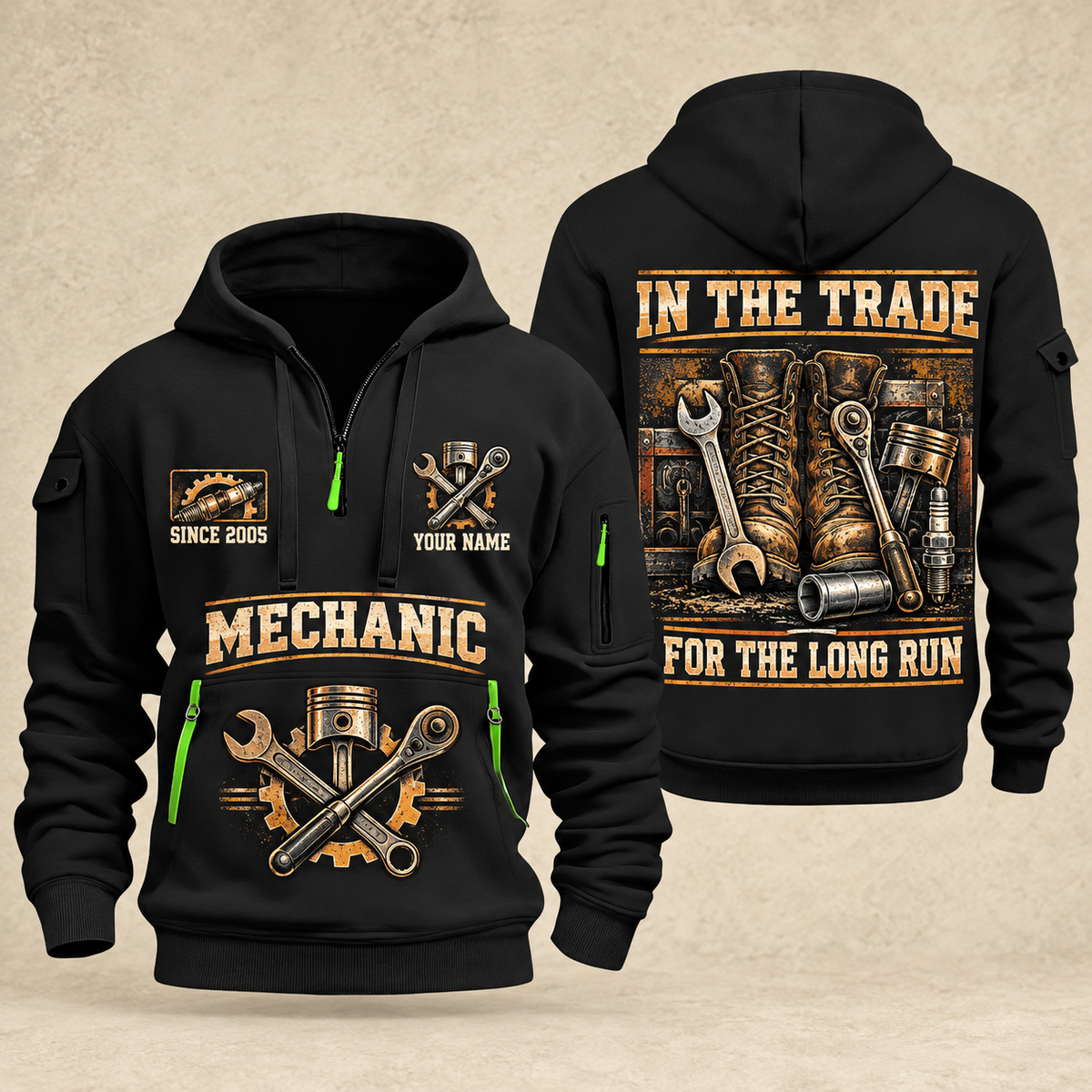 Mechanic Forever In The Trade quarter-zip hoodie in Black, front and back, YOUR NAME and SINCE 2005 artwork
