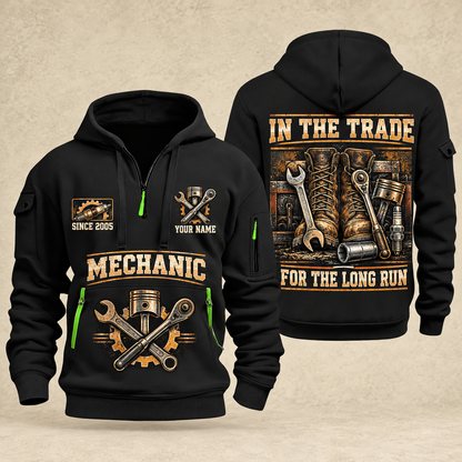 Mechanic Forever In The Trade quarter-zip hoodie in Black, front and back, YOUR NAME and SINCE 2005 artwork