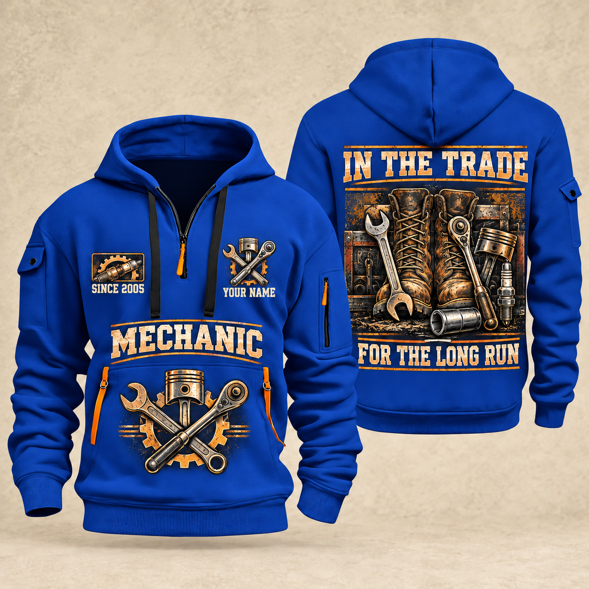 Mechanic Forever In The Trade quarter-zip hoodie in Blue, front and back, YOUR NAME and SINCE 2005 artwork