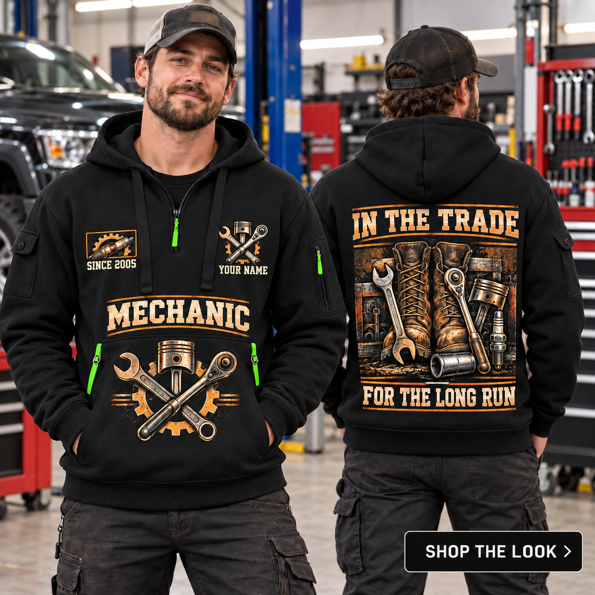 Mechanic wearing Forever In The Trade quarter-zip hoodie in their workplace; product introduction and shopping call to action