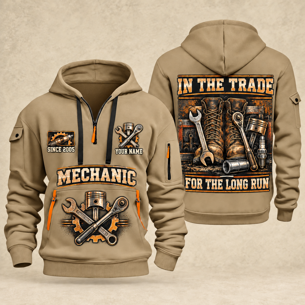 Mechanic Forever In The Trade quarter-zip hoodie in Khaki, front and back, YOUR NAME and SINCE 2005 artwork
