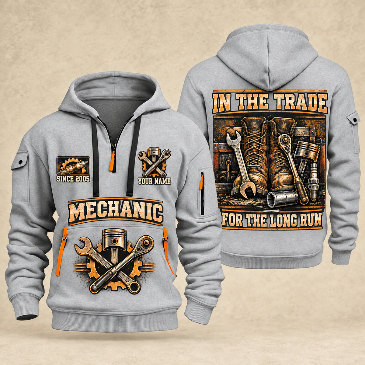 Mechanic Forever In The Trade quarter-zip hoodie in Light Grey, front and back, YOUR NAME and SINCE 2005 artwork