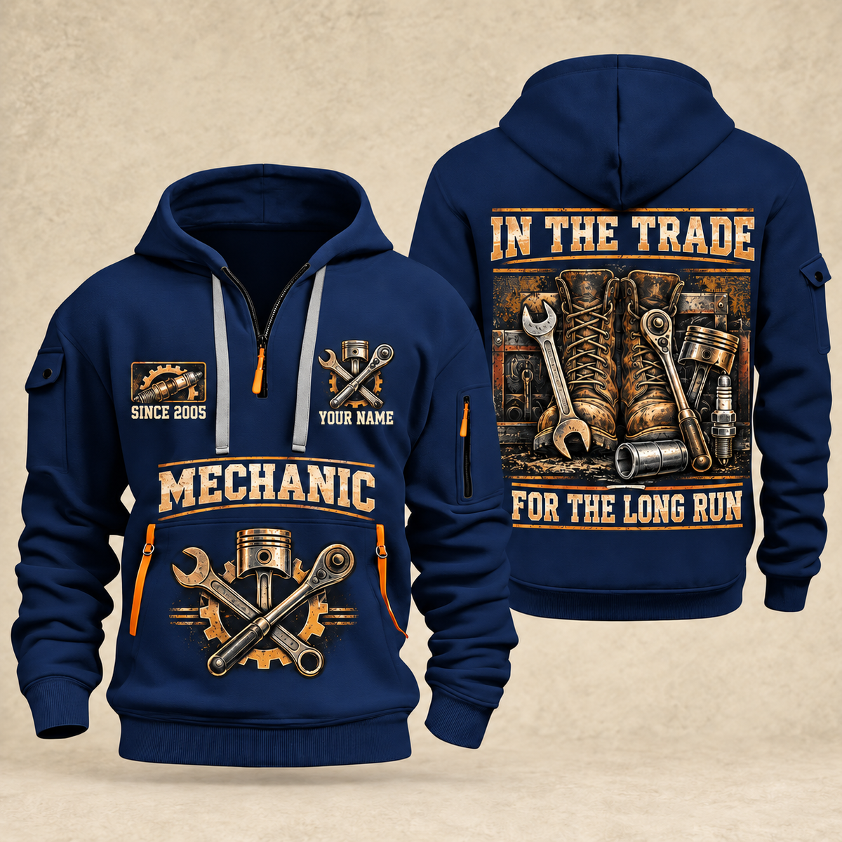 Mechanic Forever In The Trade quarter-zip hoodie in Navy, front and back, YOUR NAME and SINCE 2005 artwork
