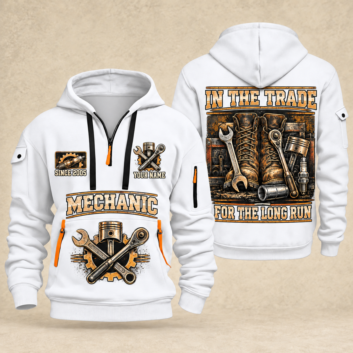 Mechanic Forever In The Trade quarter-zip hoodie in White, front and back, YOUR NAME and SINCE 2005 artwork