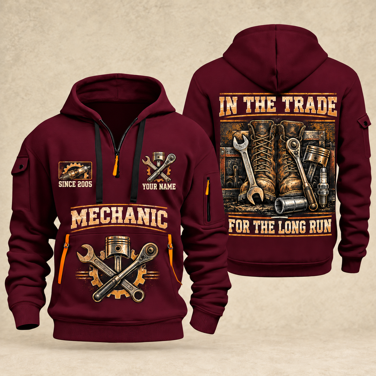 Mechanic Forever In The Trade quarter-zip hoodie in Wine Red, front and back, YOUR NAME and SINCE 2005 artwork