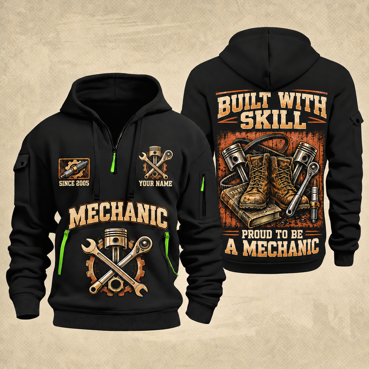 Mechanic Built With Skill quarter-zip hoodie in Black, front and back, YOUR NAME and SINCE 2005 artwork