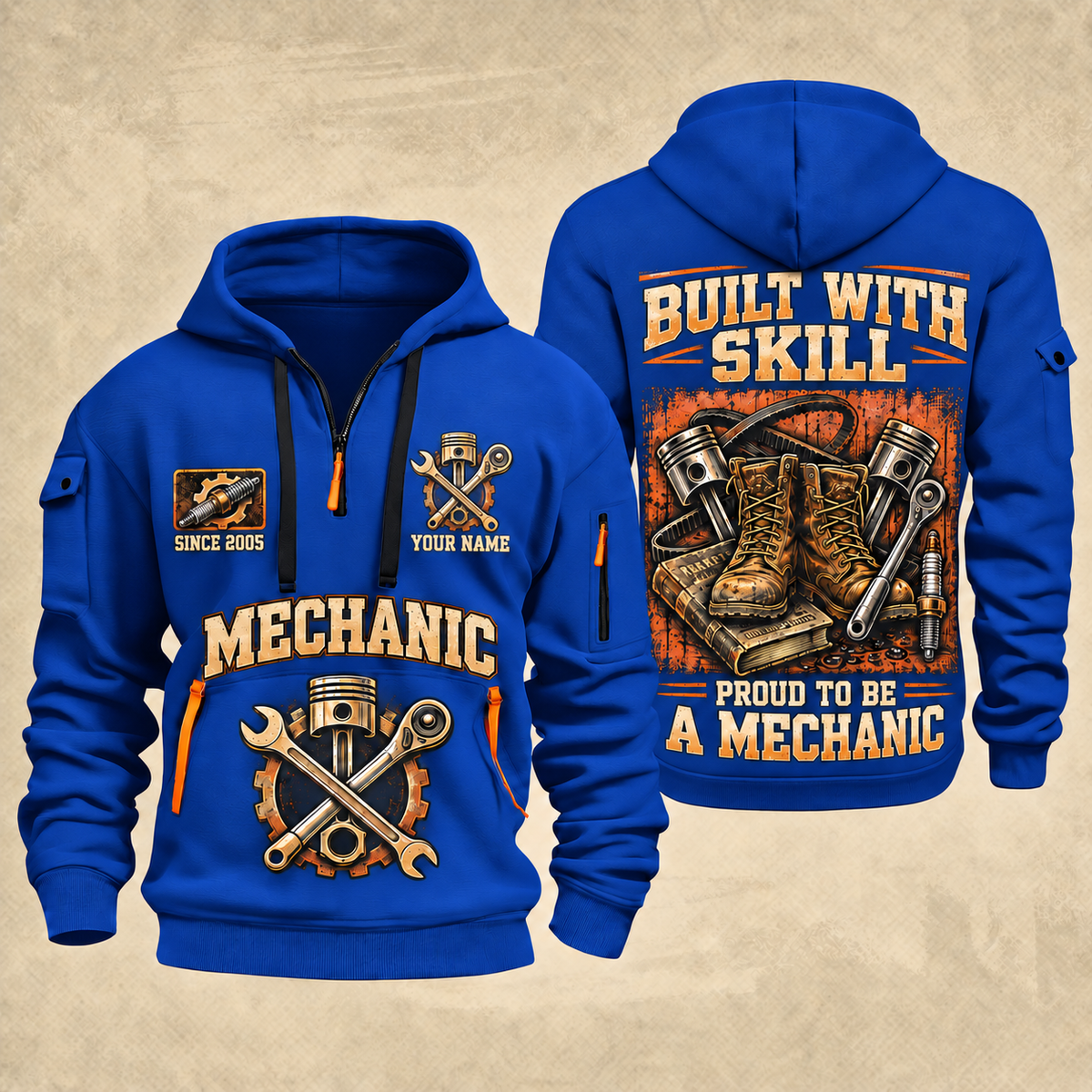 Mechanic Built With Skill quarter-zip hoodie in Blue, front and back, YOUR NAME and SINCE 2005 artwork
